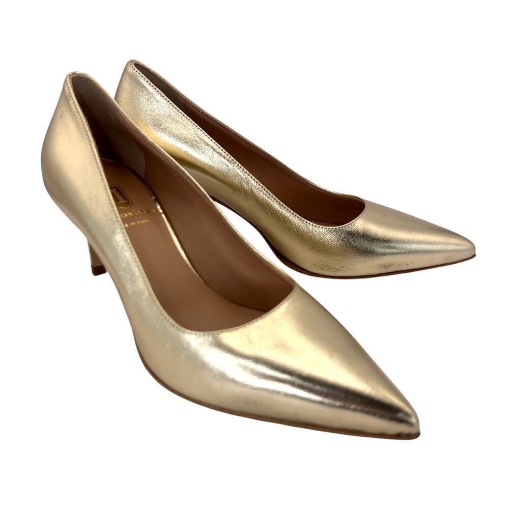 Bruno Magli Tara Pointed Toe Pumps Heels Metallic Gold Leather 37.5 NEW